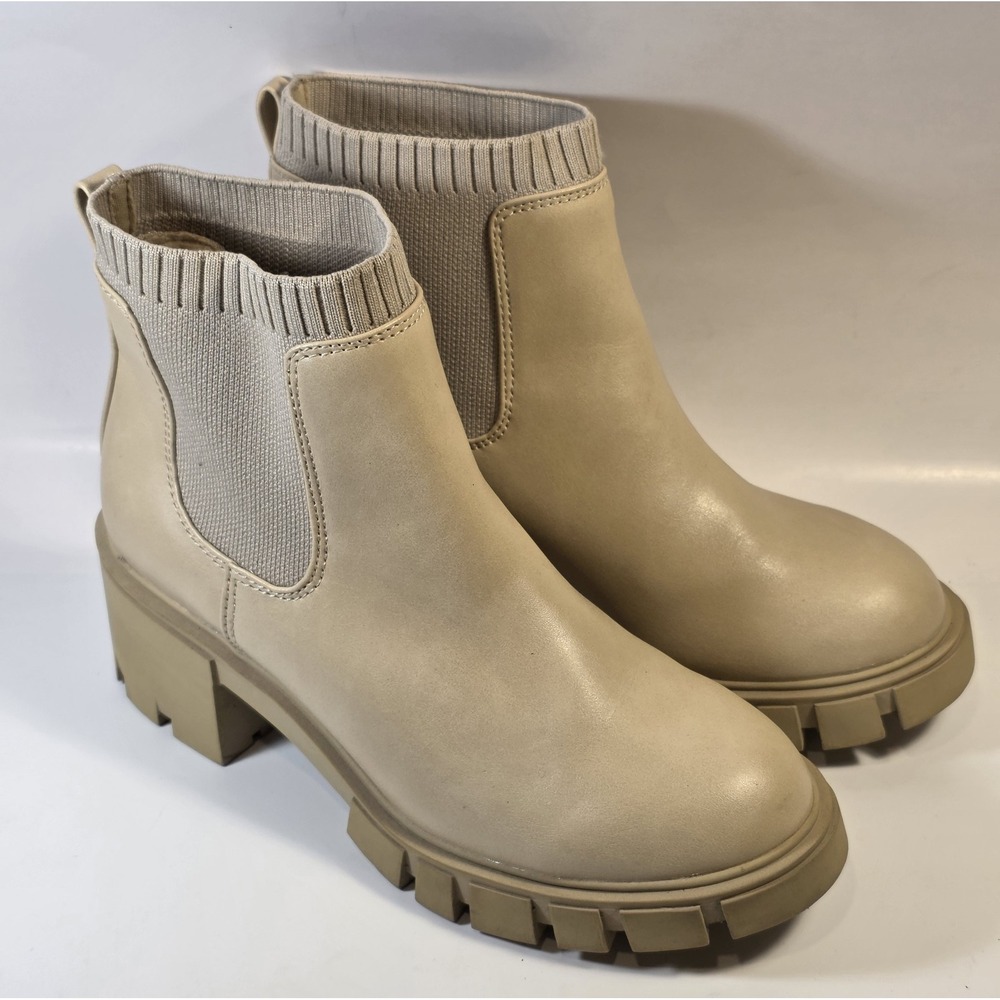 So Women's 7.5M Memory Foam Beige Chunky‎ Block Heel Lug Sole Ankle Bootie Boots